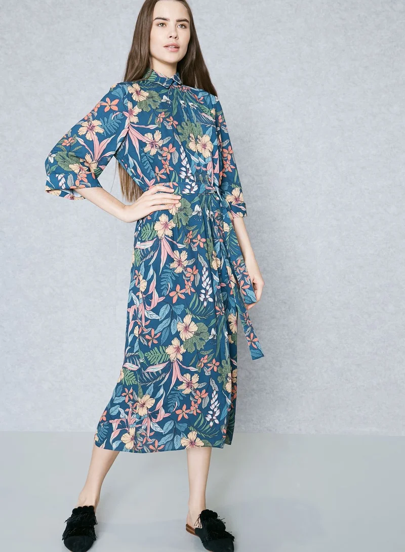 Ginger Tropical Print Self Tie Shirt Midaxi Dress