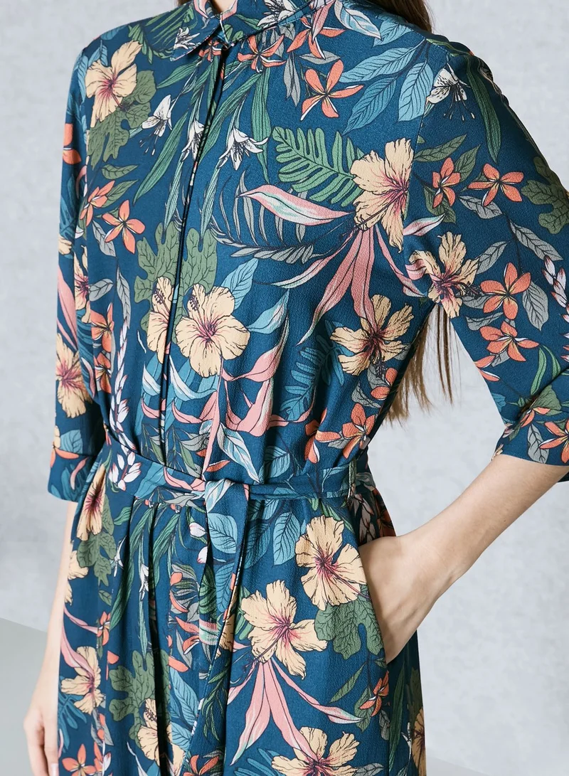 Ginger Tropical Print Self Tie Shirt Midaxi Dress