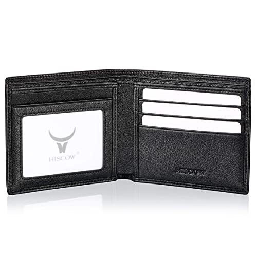 HISCOW Full Grain Leather Bifold Wallets for Men, Slim Minimalist Mens Wallet, Gifts for Dad Birthday Fathers Day (Pebbled Black) - Image 1