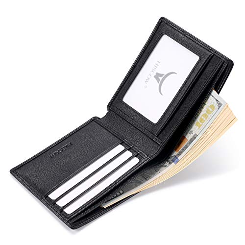 HISCOW Full Grain Leather Bifold Wallets for Men, Slim Minimalist Mens Wallet, Gifts for Dad Birthday Fathers Day (Pebbled Black) - Image 4