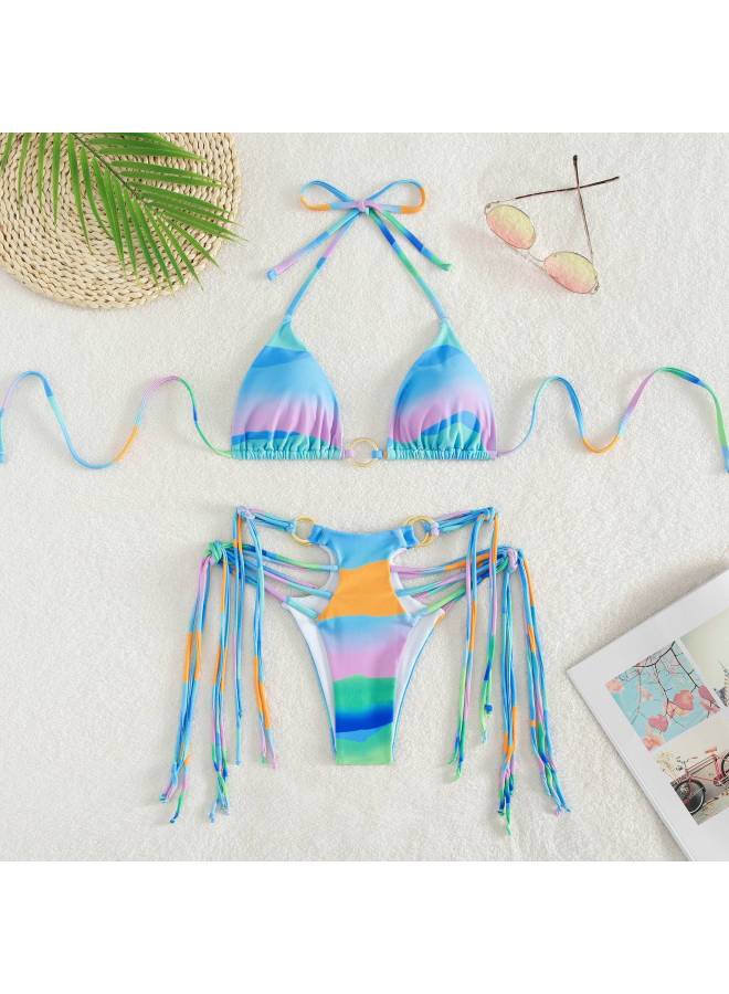 New European And American Style Gradient Tassel Print Bikini Two-piece Bikini Water Sports Set Swimsuit For Women