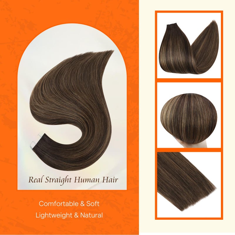 Fshine إضافات شعر بشري بشريط كامل اللمعان 16 بوصة إضافات شعر بشريط 50 جرام شعر مستقيم ناعم اللون 2 يتلاشى إلى 8 هايلايت 2 بني داكن شريط مزدوج الجوانب في إضافات 20 قطعة تضيف حجمًا - Image 2