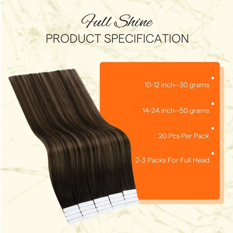 Fshine إضافات شعر بشري بشريط كامل اللمعان 16 بوصة إضافات شعر بشريط 50 جرام شعر مستقيم ناعم اللون 2 يتلاشى إلى 8 هايلايت 2 بني داكن شريط مزدوج الجوانب في إضافات 20 قطعة تضيف حجمًا - Image 3