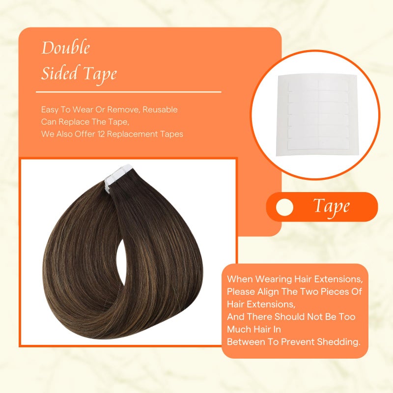 Fshine إضافات شعر بشري بشريط كامل اللمعان 16 بوصة إضافات شعر بشريط 50 جرام شعر مستقيم ناعم اللون 2 يتلاشى إلى 8 هايلايت 2 بني داكن شريط مزدوج الجوانب في إضافات 20 قطعة تضيف حجمًا - Image 4