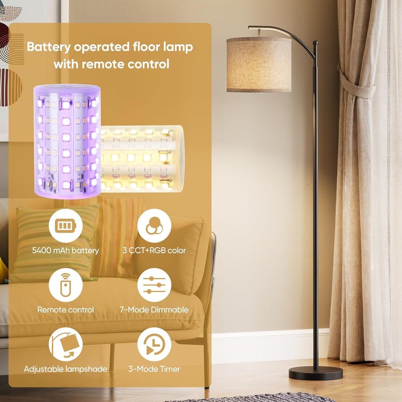 Rottogoon Battery Operated Floor Lamp, RGB Dimmable Cordless Standing Lamp with Remote Control for Living Room, Tall Floor Lamp for Bedroom - Image 2