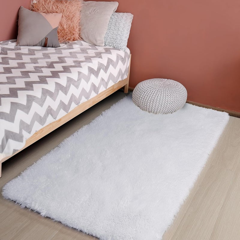 Amdrebio White Runner Area Rugs for Bedroom, Shag Fluffy Bedside Rug for Living Room, Modern Furry Shaggy Throw Rug for Kids Room, Teen Girls, Dorm, Baby Nursery, Cute Fuzzy White Carpet, 3x5 Rug, Home Decor - Image 5