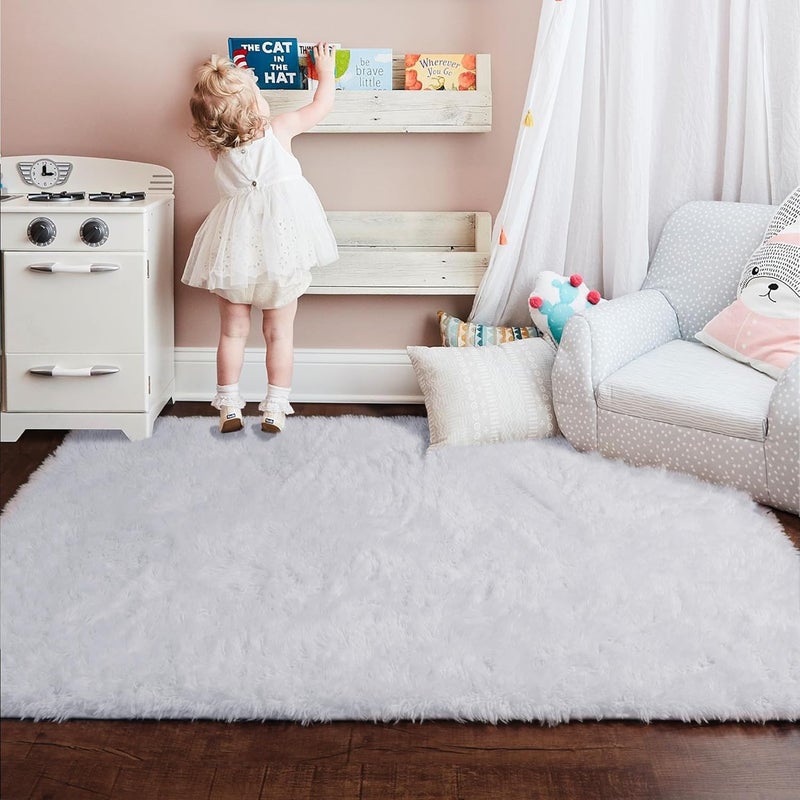 Amdrebio White Runner Area Rugs for Bedroom, Shag Fluffy Bedside Rug for Living Room, Modern Furry Shaggy Throw Rug for Kids Room, Teen Girls, Dorm, Baby Nursery, Cute Fuzzy White Carpet, 3x5 Rug, Home Decor - Image 3