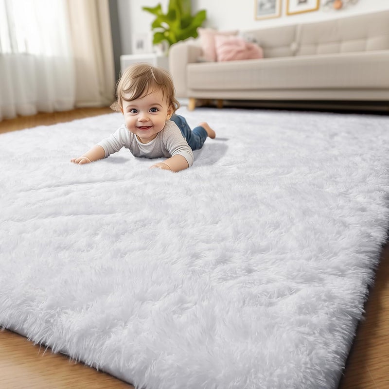 Amdrebio White Runner Area Rugs for Bedroom, Shag Fluffy Bedside Rug for Living Room, Modern Furry Shaggy Throw Rug for Kids Room, Teen Girls, Dorm, Baby Nursery, Cute Fuzzy White Carpet, 3x5 Rug, Home Decor - Image 1