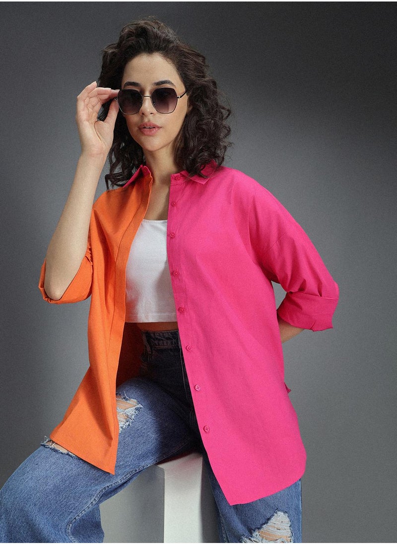 HIGH STAR Women's Multicolor Colorblocked Oversized Pure Cotton Shirt  - Image 1