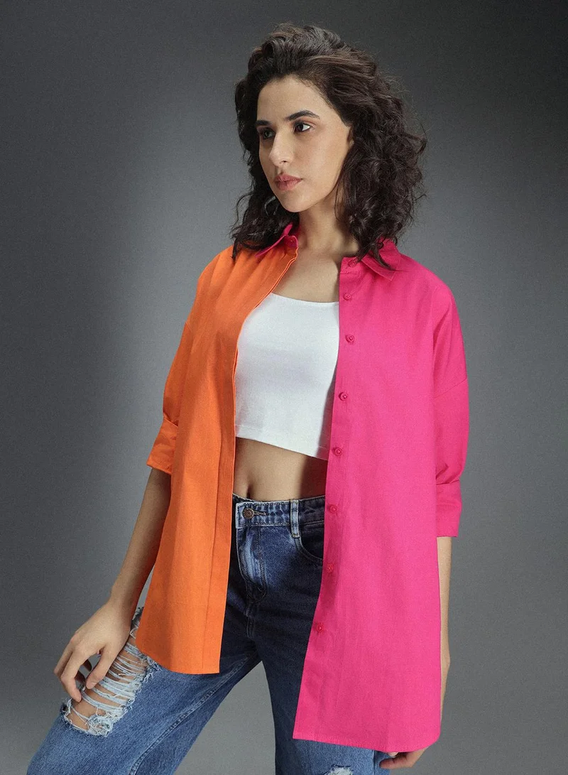 HIGH STAR Women's Multicolor Colorblocked Oversized Pure Cotton Shirt