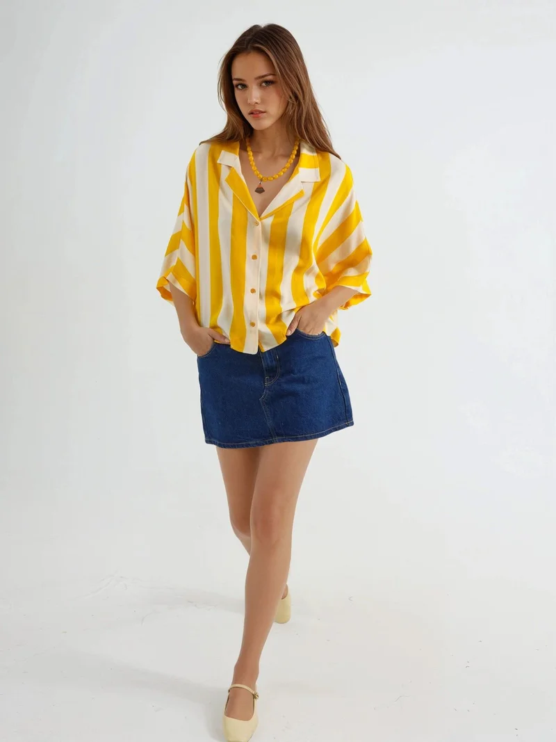 Busem Lemon Yellow BUSEM Relaxed Fit Striped Button-Up Shirt for Women | Best Price UAE