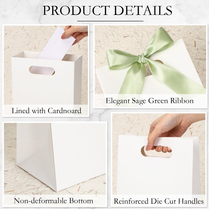Aliceset 12 Pcs Small Thank You Bridesmaid Gift Bags 10 x 7 x 3.15'' with Die Cut Handles Compact Bags with Bow Ribbon for Wedding Baby Shower Birthday Party Favors(White,Sage Green) - Image 3