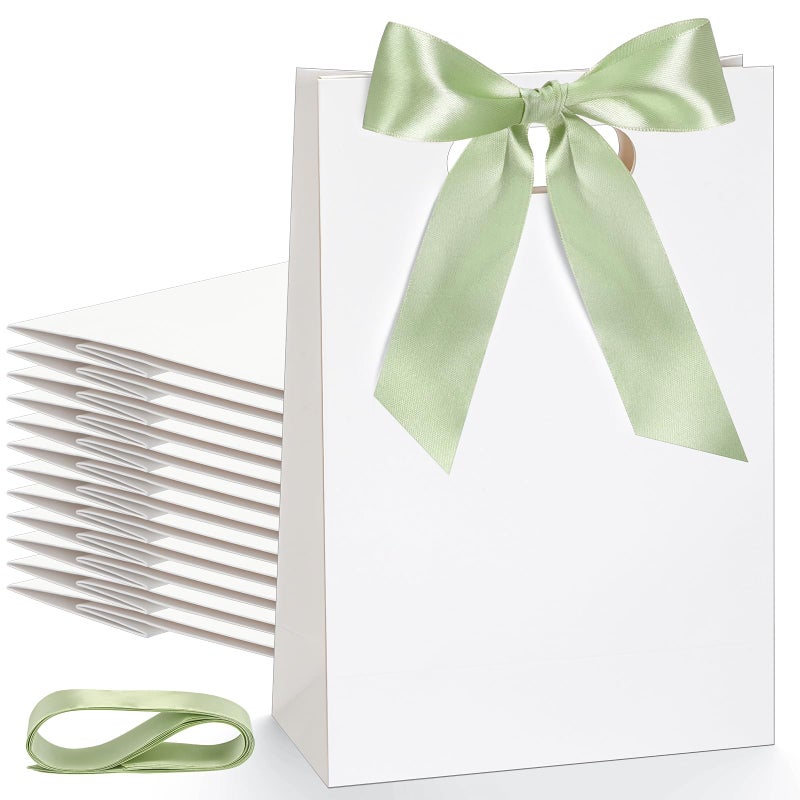 Aliceset 12 Pcs Small Thank You Bridesmaid Gift Bags 10 x 7 x 3.15'' with Die Cut Handles Compact Bags with Bow Ribbon for Wedding Baby Shower Birthday Party Favors(White,Sage Green) - Image 1