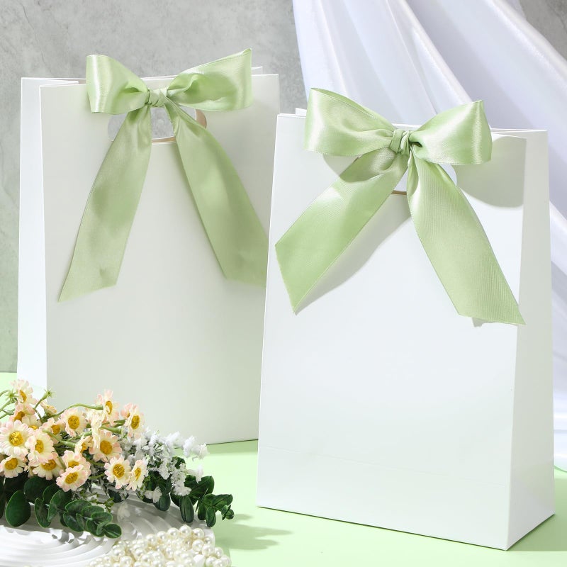 Aliceset 12 Pcs Small Thank You Bridesmaid Gift Bags 10 x 7 x 3.15'' with Die Cut Handles Compact Bags with Bow Ribbon for Wedding Baby Shower Birthday Party Favors(White,Sage Green) - Image 5