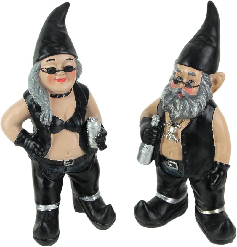 Zeckos Gnoschitt and Gnofun Thirsty Biker Garden Gnome Statues 7.5 Inches High - Funny Indoor Outdoor Décor - Leather-Clad Yard, Flowerbed or Shelf Figurines - Image 1