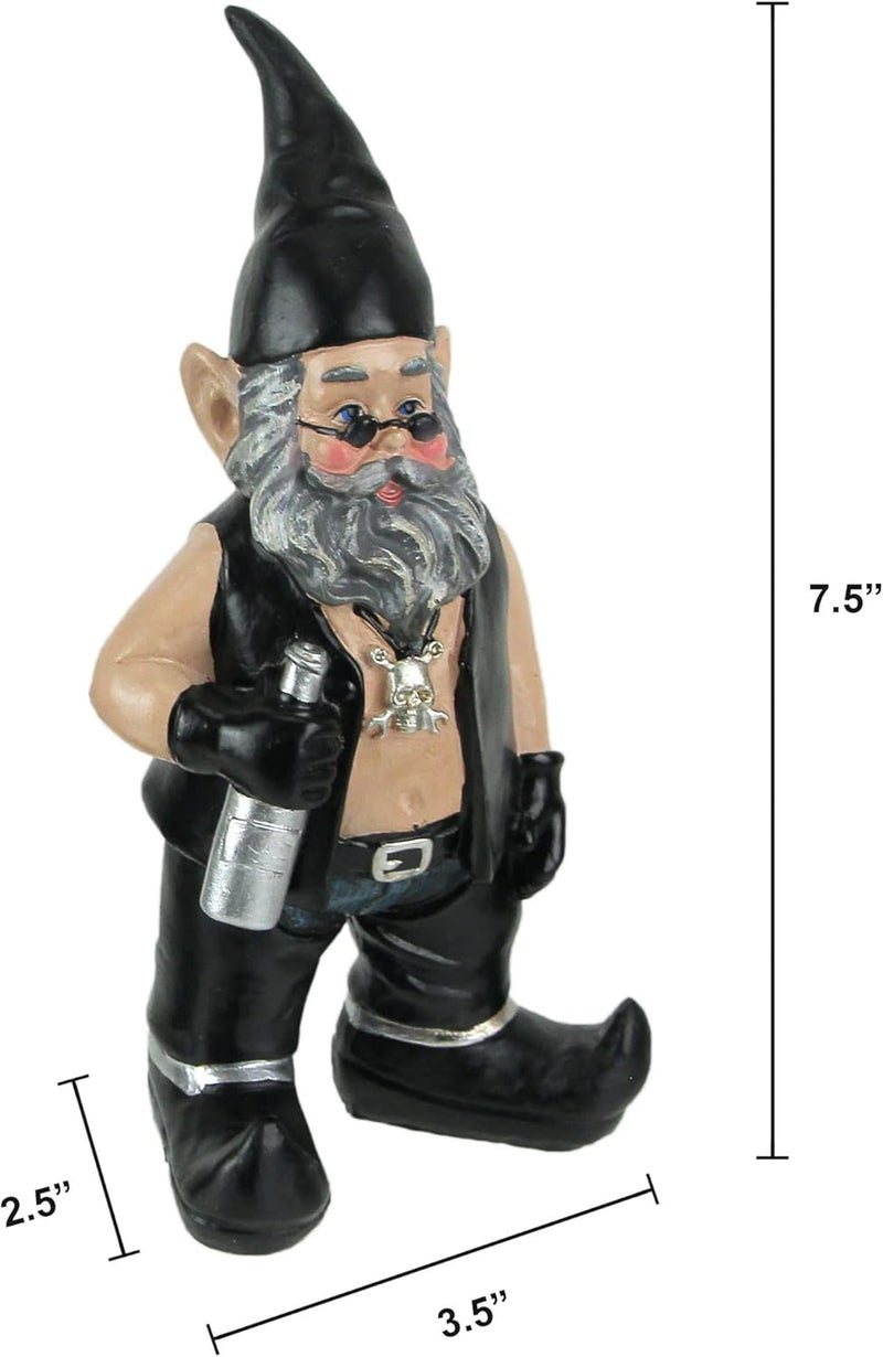 Zeckos Gnoschitt and Gnofun Thirsty Biker Garden Gnome Statues 7.5 Inches High - Funny Indoor Outdoor Décor - Leather-Clad Yard, Flowerbed or Shelf Figurines - Image 4