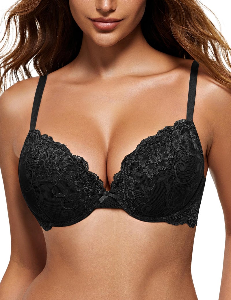 Wingslove Women's Push Up Bra Lace Comfort Padded Add 1 Cup Plunge Underwire Bras Lift Up (Black,34B) - Image 1