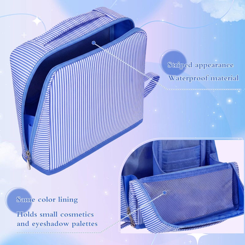 SilTriangle Striped Makeup Bag Large Cosmetic Bags for Women Gift with Brush Loops Mesh Pocket Wrist Strap Travel Organizer Storage Pouch Toiletry Case with Divider for Mirror(Blue) - Image 4