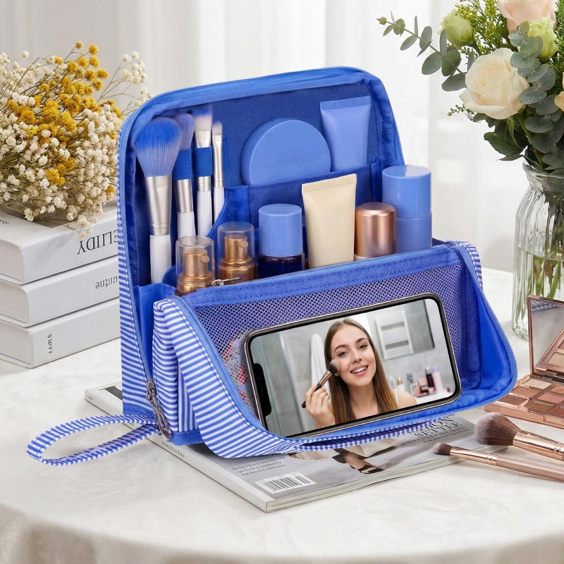 SilTriangle Striped Makeup Bag Large Cosmetic Bags for Women Gift with Brush Loops Mesh Pocket Wrist Strap Travel Organizer Storage Pouch Toiletry Case with Divider for Mirror(Blue) - Image 3