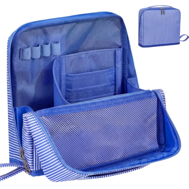 SilTriangle Striped Makeup Bag Large Cosmetic Bags for Women Gift with Brush Loops Mesh Pocket Wrist Strap Travel Organizer Storage Pouch Toiletry Case with Divider for Mirror(Blue) - Image 1