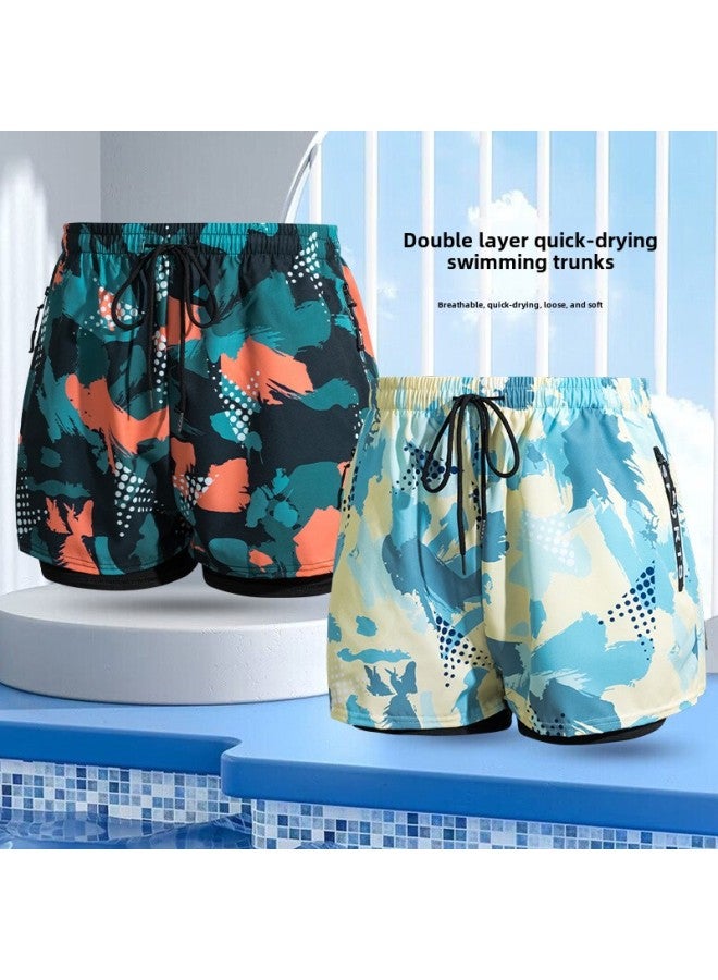Generic Printed Swimming Trunks Men's Anti-embarrassment Double-layer Swimsuit Hot Spring Professional Swimming Lining Boys Loose Swimwear Wholesale-Color:6003 Beige Graffiti-Size:2XL ] - Image 2