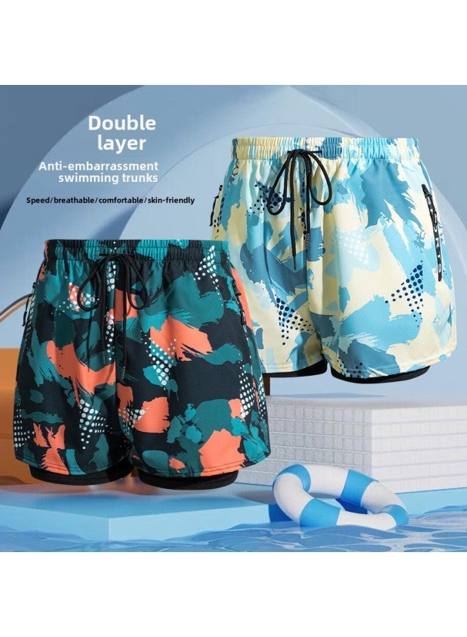Generic Printed Swimming Trunks Men's Anti-embarrassment Double-layer Swimsuit Hot Spring Professional Swimming Lining Boys Loose Swimwear Wholesale-Color:6003 Beige Graffiti-Size:2XL ] - Image 4