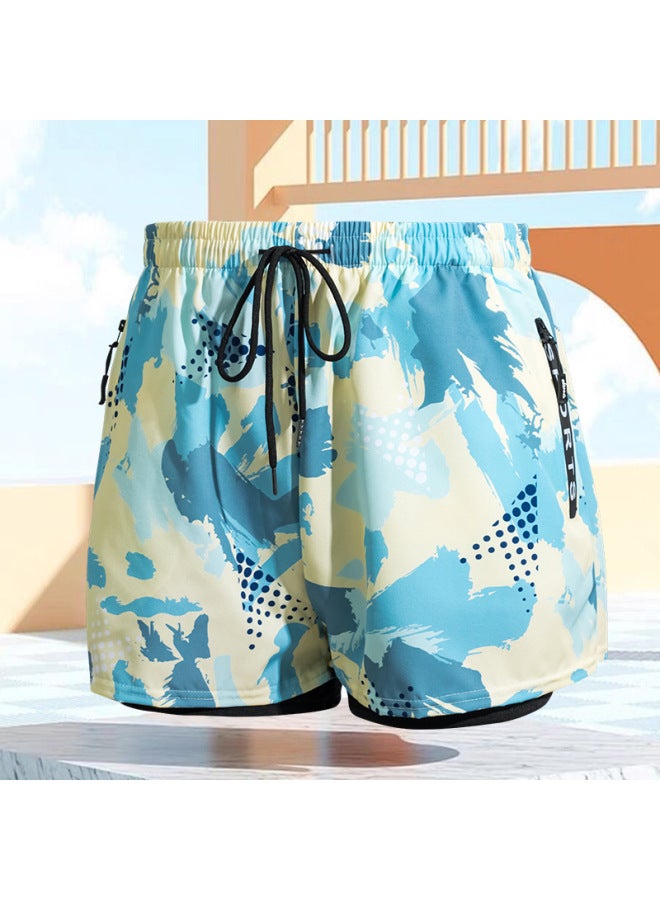 Generic Printed Swimming Trunks Men's Anti-embarrassment Double-layer Swimsuit Hot Spring Professional Swimming Lining Boys Loose Swimwear Wholesale-Color:6003 Beige Graffiti-Size:2XL ] - Image 1