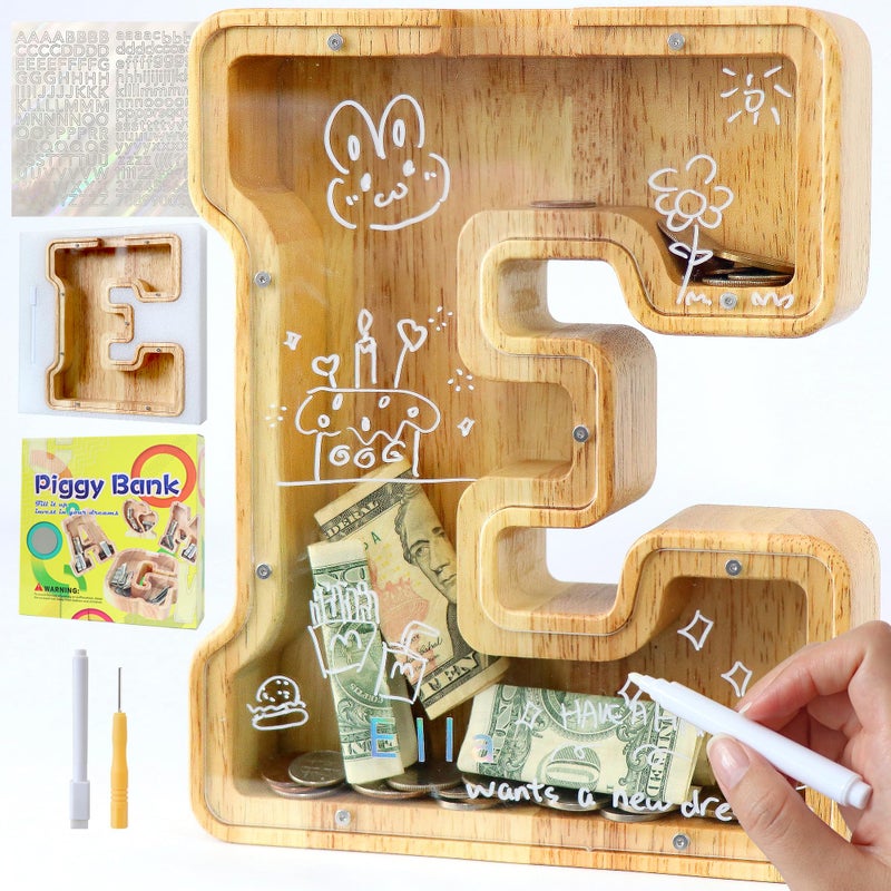 weallbuy Large Letter Piggy Bank for Kids Boys Girls Wooden Personalized Piggy Banks AZ with Target Area Clear Alphabet Banknote Coin Banks for Gift Decoration Baptism E