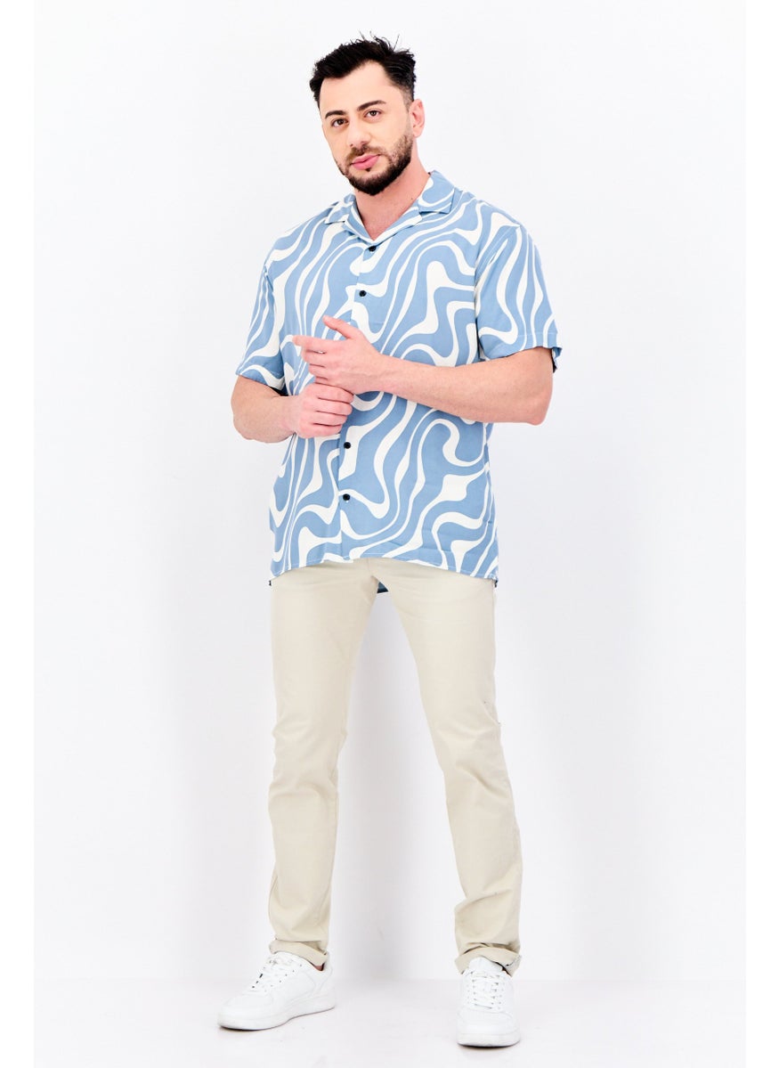 Jack Jones Men Regular Fit Short Sleeves Allover Print Casual Shirt, Slate Blue  - Image 4