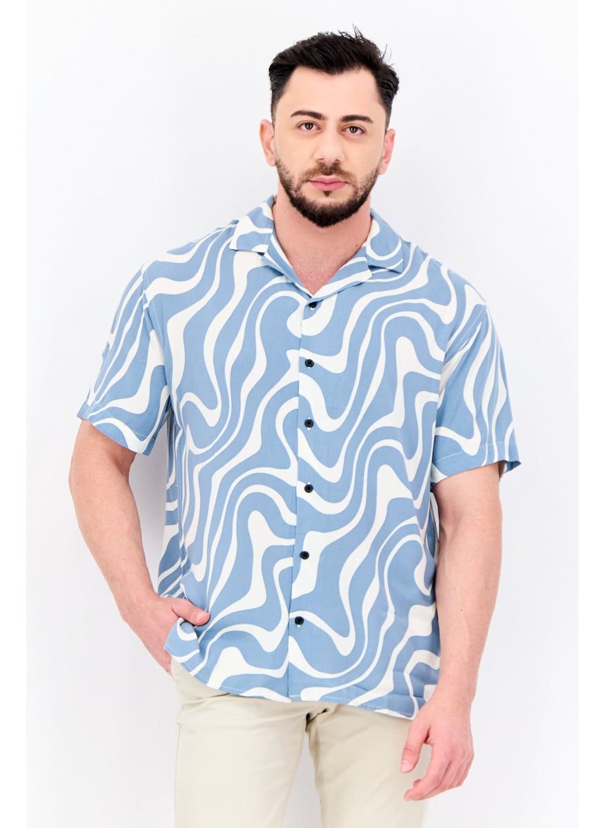 Jack Jones - Men Regular Fit Short Sleeves Allover Print Casual Shirt, Slate Blue - Image 1