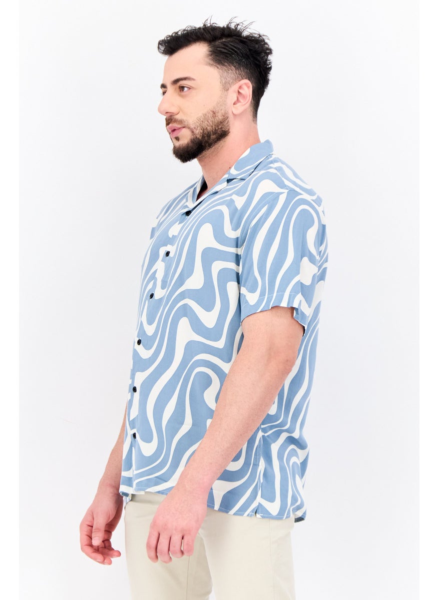 Jack Jones - Men Regular Fit Short Sleeves Allover Print Casual Shirt, Slate Blue - Image 1