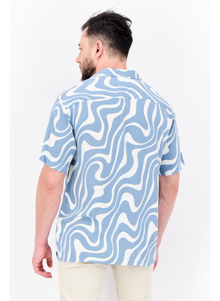 Jack Jones - Men Regular Fit Short Sleeves Allover Print Casual Shirt, Slate Blue - Image 1