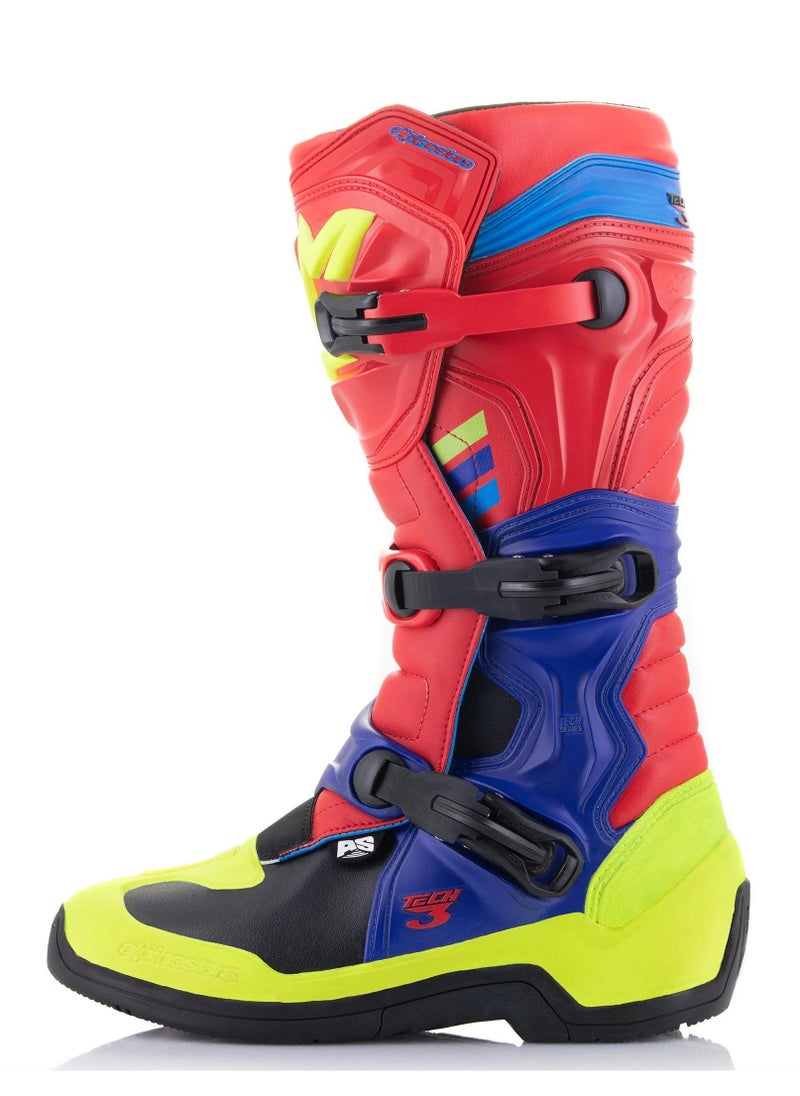 Alpinestars - حذاء Alpinestars Tech 3 باللون الأحمر الفاتح والأزرق الداكن والأصفر الفلوري - Image 1