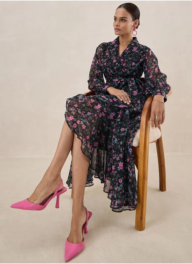 FEMELLA Floral Print Collared Wrap Maxi Dress by Styli