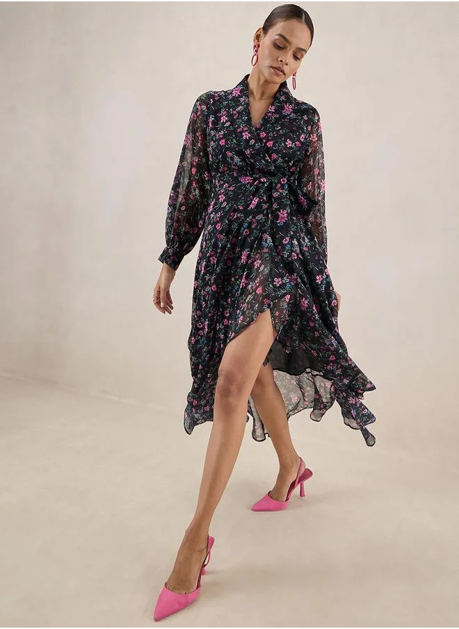 FEMELLA Floral Print Collared Wrap Maxi Dress by Styli