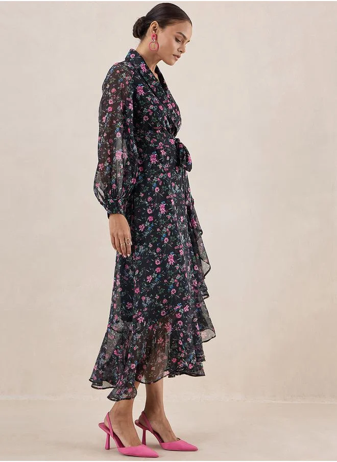 FEMELLA Floral Print Collared Wrap Maxi Dress by Styli