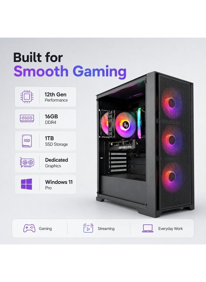 كمبيوتر Gaming بمعالج الجيل 12 وذاكرة 16GB DDR4 وSSD سعة 1TB وكارت شاشة منفصل وWindows 11 Pro وكيس RGB + كيبورد وماوس Gaming مجانًا - Image 3