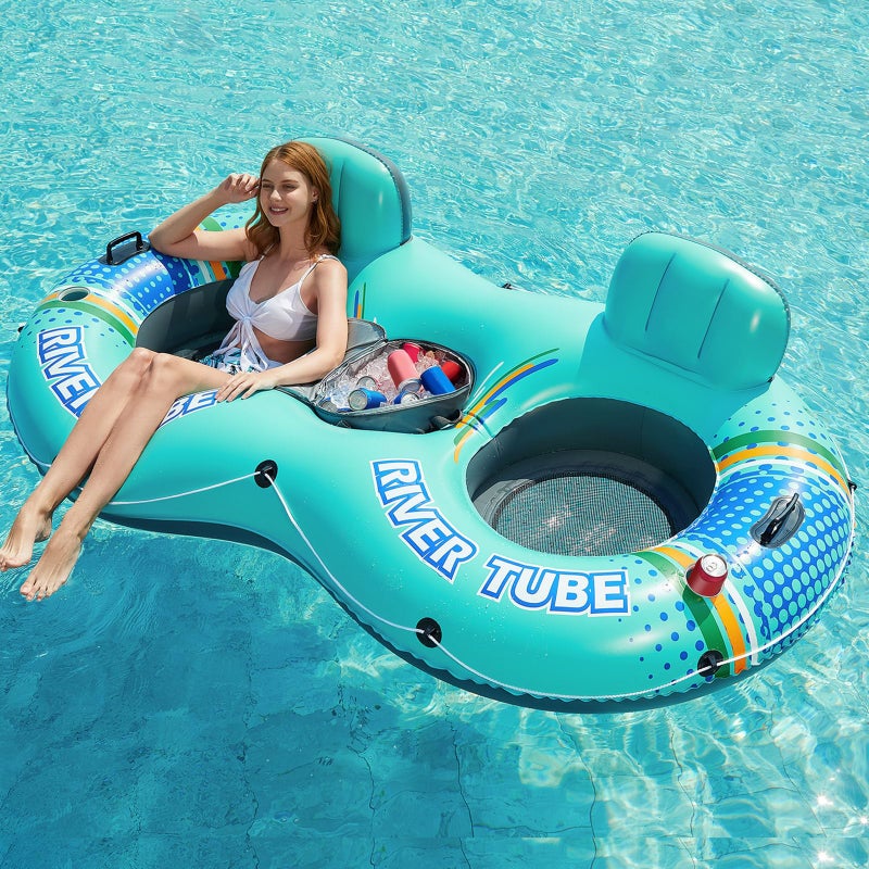 Jasonwell Heavy Duty 2 Person Inflatable River/Pool Tube Float with Removable Cooler, Tubes for Lake, Floating River Raft Lounge Floatie with 2 cup Holders For Adults, Cyan - Image 1