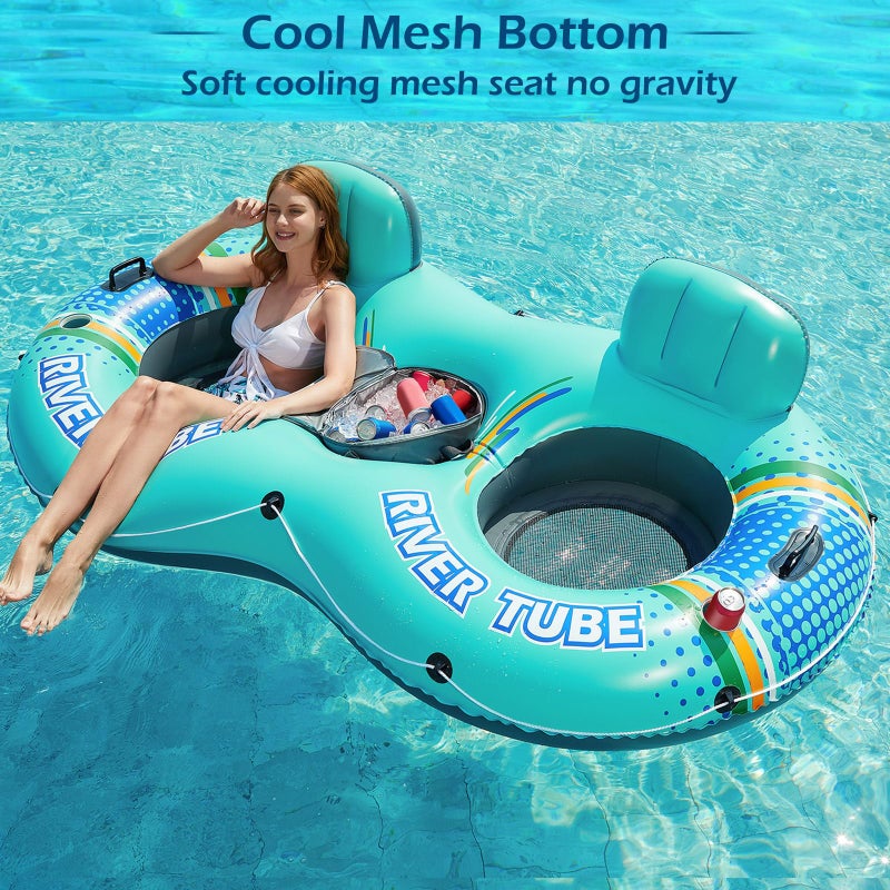 Jasonwell Heavy Duty 2 Person Inflatable River/Pool Tube Float with Removable Cooler, Tubes for Lake, Floating River Raft Lounge Floatie with 2 cup Holders For Adults, Cyan - Image 3