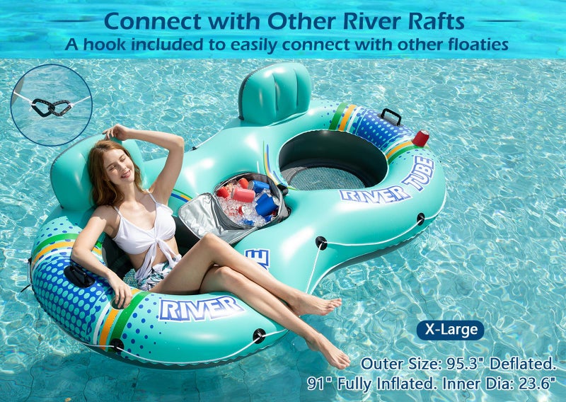 Jasonwell Heavy Duty 2 Person Inflatable River/Pool Tube Float with Removable Cooler, Tubes for Lake, Floating River Raft Lounge Floatie with 2 cup Holders For Adults, Cyan - Image 5