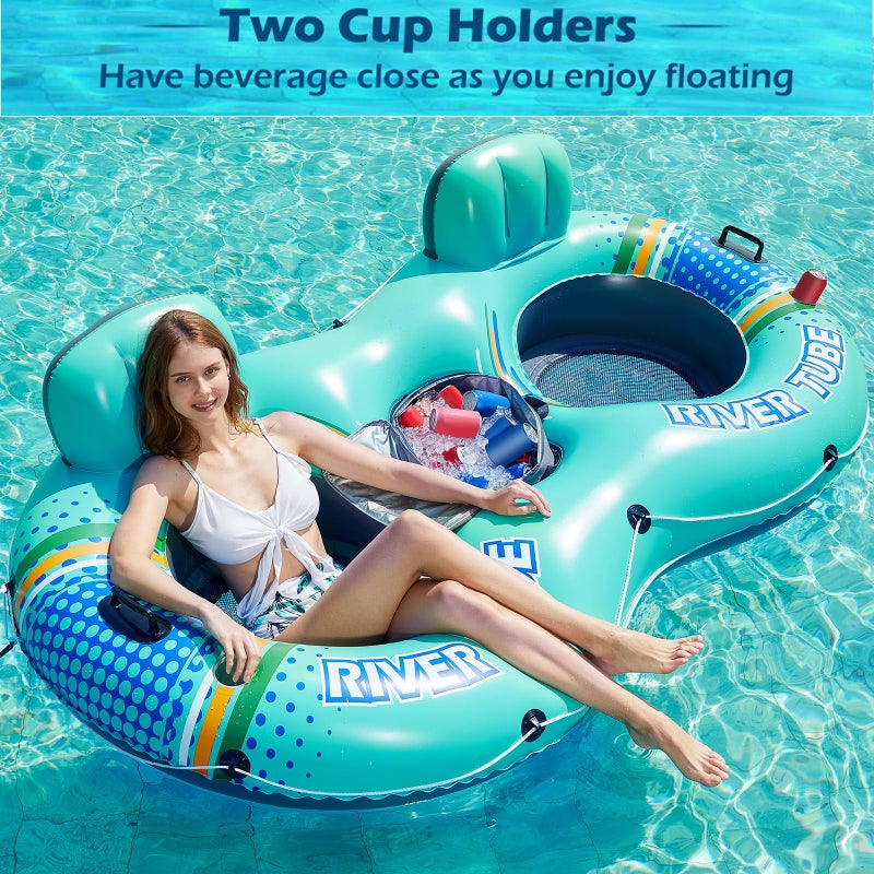 Jasonwell Heavy Duty 2 Person Inflatable River/Pool Tube Float with Removable Cooler, Tubes for Lake, Floating River Raft Lounge Floatie with 2 cup Holders For Adults, Cyan - Image 2
