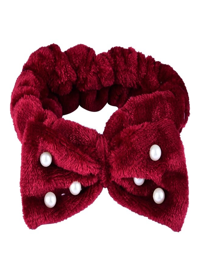 Matkooz Soft Faux Fur Baby Head Band With Pearl For Girls And Women, Makeup Bands - Spa head Bands - Pack Of 1Pcs, Maroon - Image 1