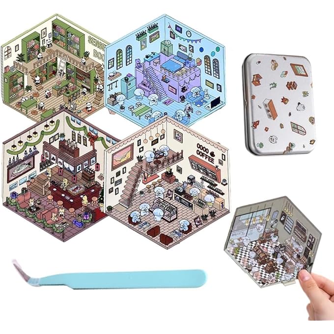 4 SETS DIY 3D HOUSE STICKERS, 2025 NEW CUTE 3D STICKER SCENE, FUN DIY STICKERS SCENE MAKE YOUR OWN MINI ROOM SCENES SUPERMARKET COFFEE SHOP RESTAURANT BOOKSTORE FOR KIDS AND ADULTS - Image 1