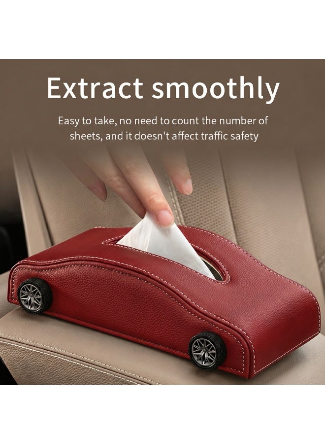 Manful Car-Shaped Tissue Box Holder, PU Leather Tissue Case with Anti-Slip Base, Auto Interior Organizer Napkin Holder, Luxury Car Accessories for Dashboard (Red) - Image 3