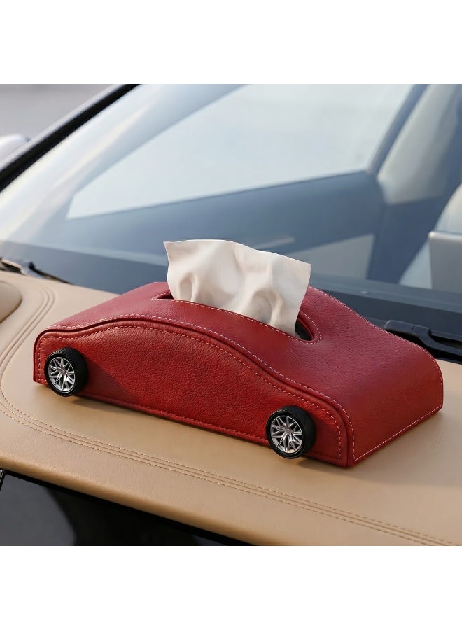 Manful Car-Shaped Tissue Box Holder, PU Leather Tissue Case with Anti-Slip Base, Auto Interior Organizer Napkin Holder, Luxury Car Accessories for Dashboard (Red) - Image 1