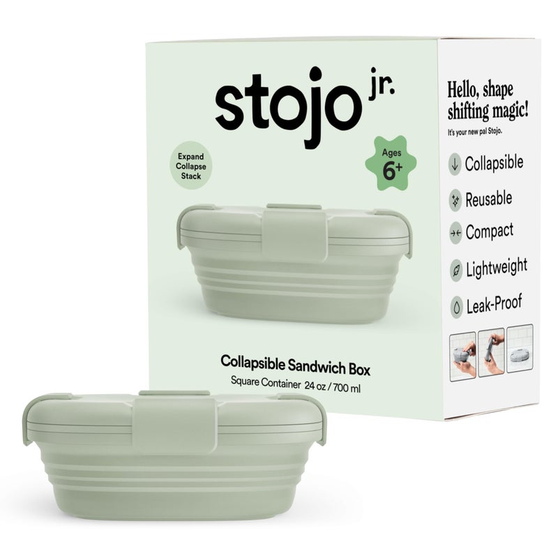 Stojo STOJO Jr Collapsible Box for Kids  Sage Green 24oz  LeakProof Reusable Silicone Travel Bowl for Hot  Cold Food  For Home OnTheGo Camping  Hiking  Microwave  Dishwasher Safe 