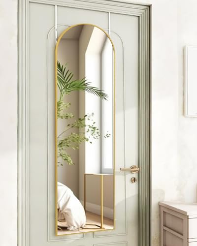 KOMCOTE Full Length Mirror 48x14 Inches  Over The Door Hanging Mirror for Bedroom Living Room Closet  Arch Floor Mirror Door Mirror with Gold Frame  No Drill Easy Install