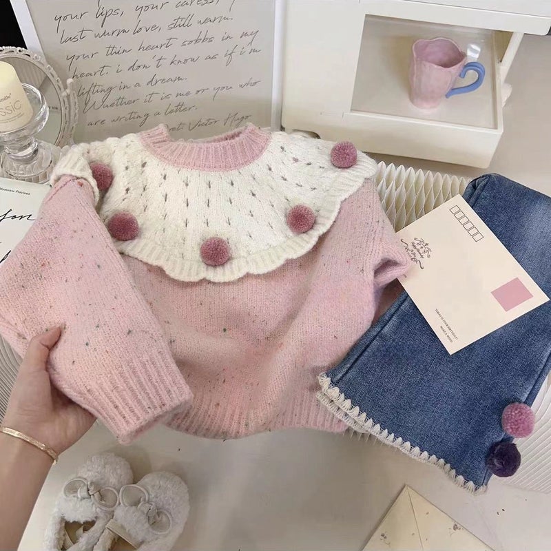 Girls Sweet Knit Sweater  Velvet Jeans Set Autumn Winter Jeans (fleece-lined) - Image 3