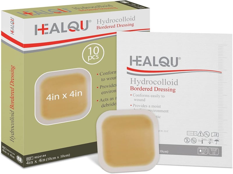 HEALQU ضمادة جروح هيلكيو هيدروكوليد 4x4 محاطة علبة من 10 ضمادات كبيرة معقمة لاصقة هيدروكوليد للقرحات السريرية والخدوش والمزيد مقاومة للماء وامتصاصها مع حماية - Image 1