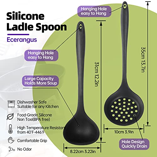 Ecerangus Silicone Soup Ladle Spoon Set of 2,Silicone Nonstick Large Skimmer Slotted Spoons,Kitchen Ladle Strainer Spoons Heat Resistant Cooking Utensil for Cooking Stirring Serving Draining Frying - Image 2